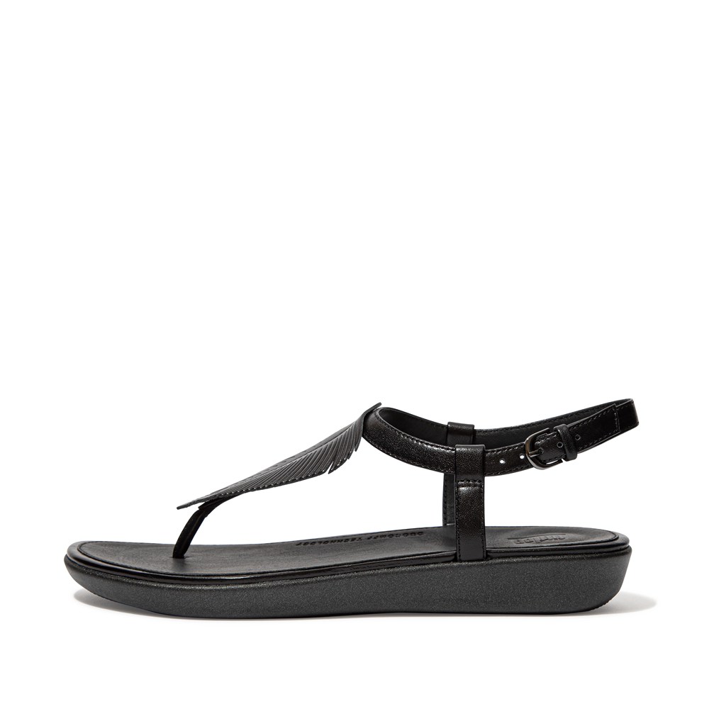 Fitflop Womens Sandals Black - Tia Feather Metallic Leather Back-strap - UC8609751